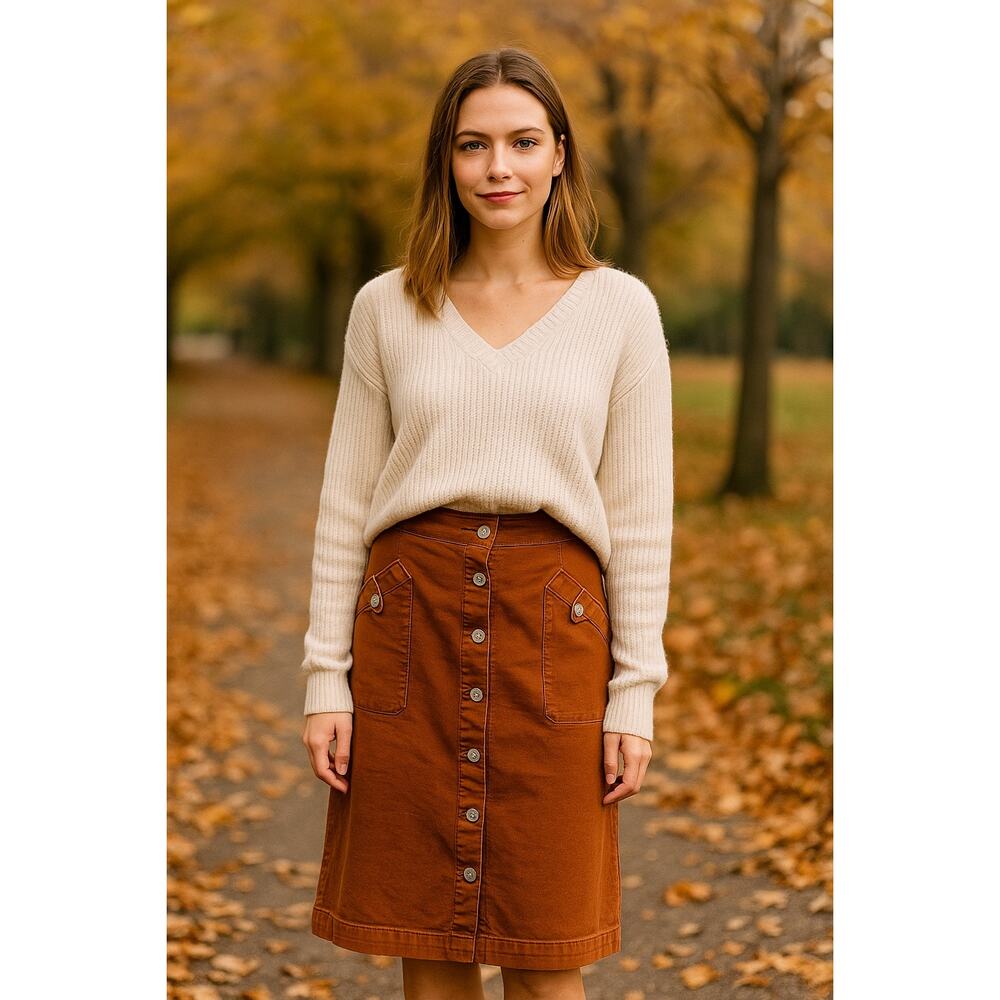 Cato Rust Brown Midi Length Stretchy Button Front Skirt Size 12 - Picture 2 of 5